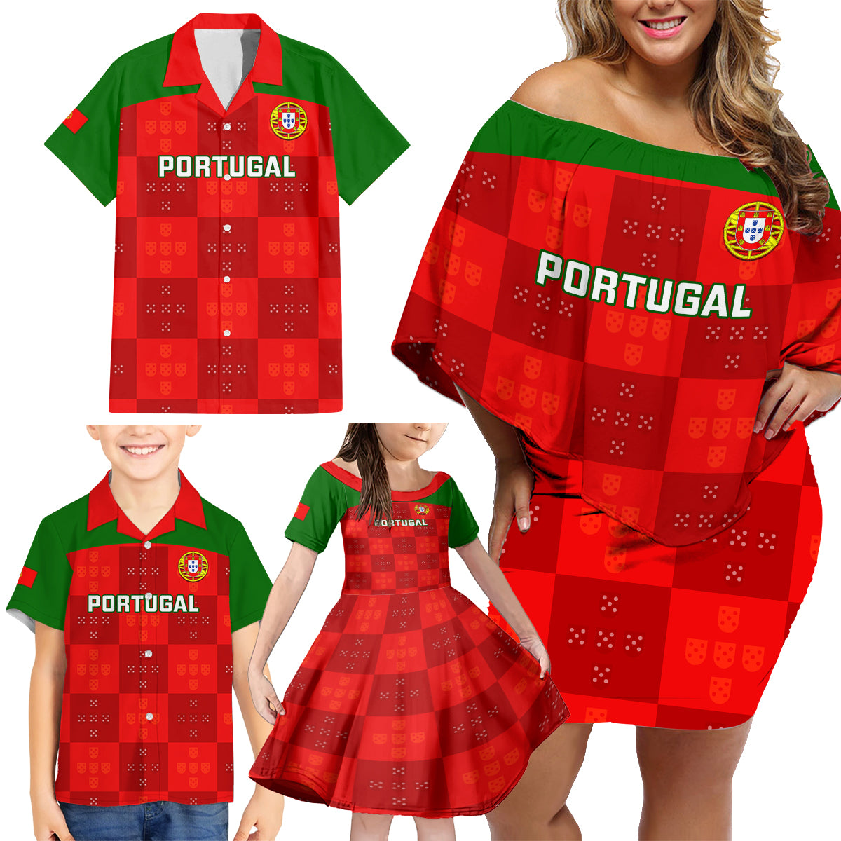 custom-portugal-rugby-family-matching-off-shoulder-short-dress-and-hawaiian-shirt-go-wolves-mix-coat-of-arms