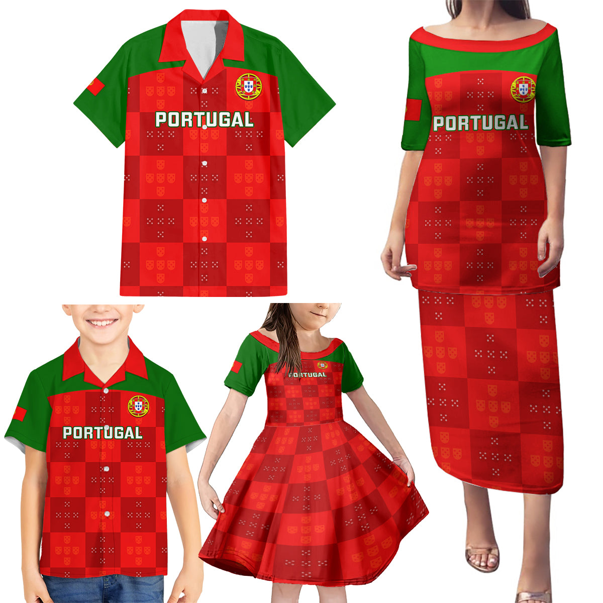 custom-portugal-rugby-family-matching-puletasi-dress-and-hawaiian-shirt-go-wolves-mix-coat-of-arms