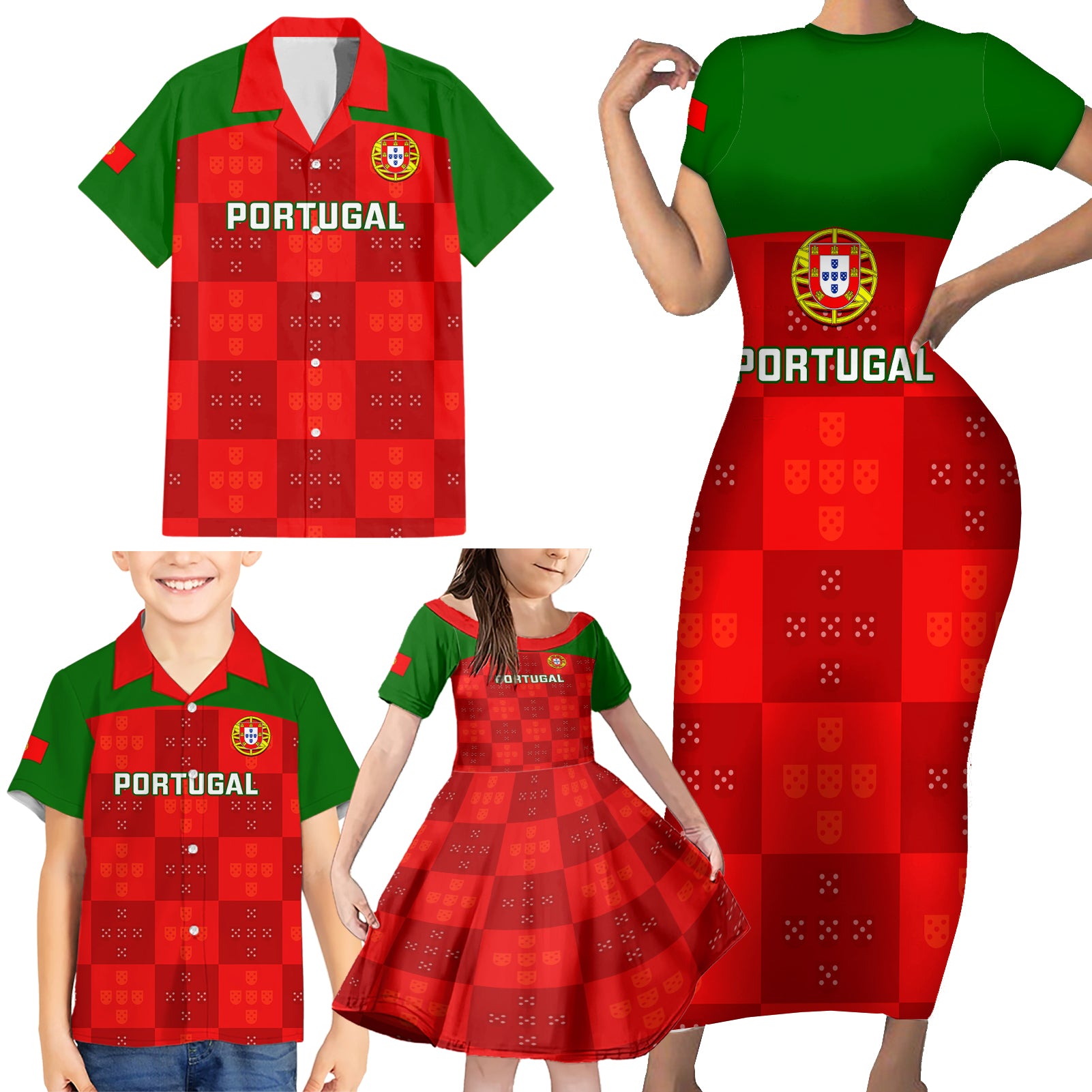 custom-portugal-rugby-family-matching-short-sleeve-bodycon-dress-and-hawaiian-shirt-go-wolves-mix-coat-of-arms