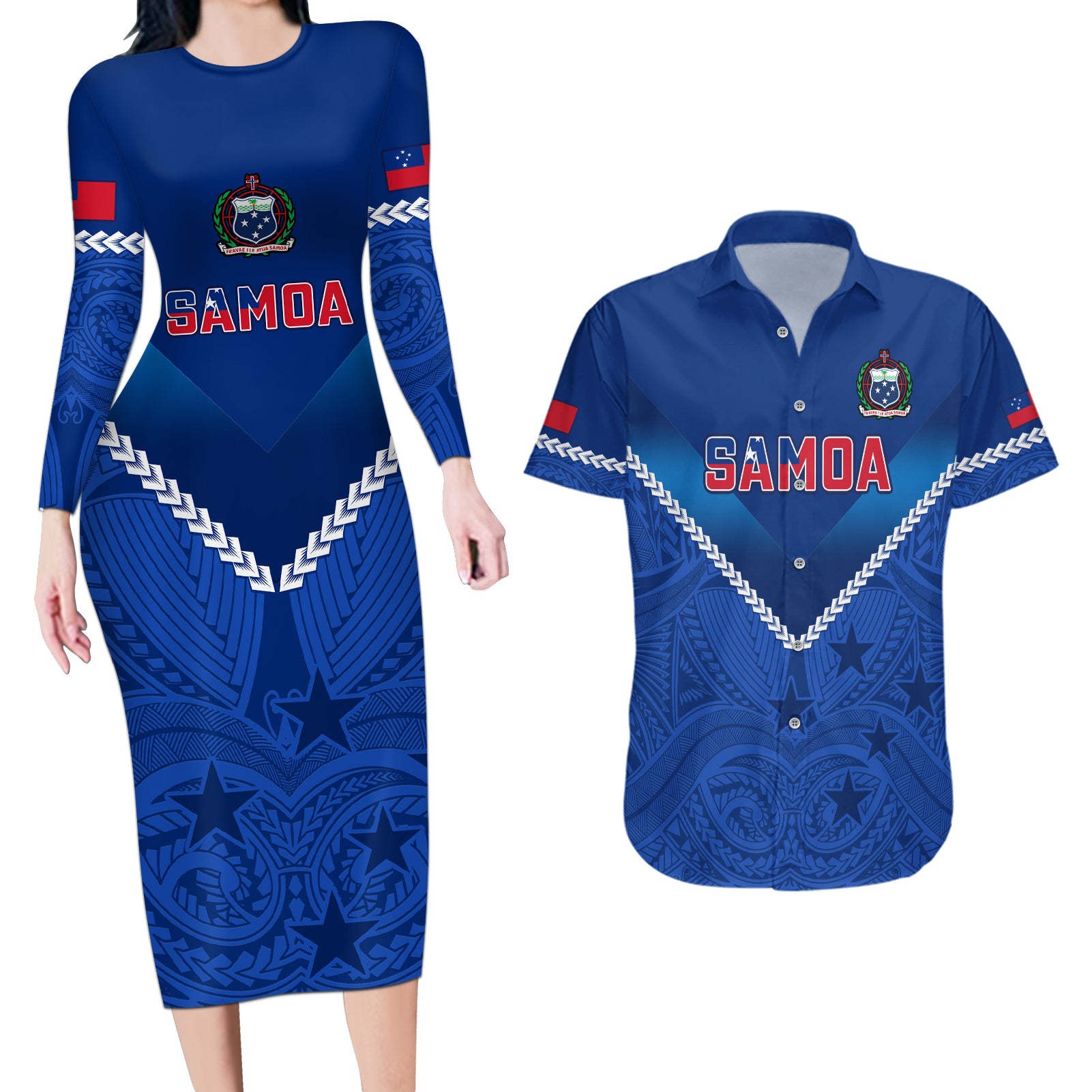 Custom Samoa Rugby Couples Matching Long Sleeve Bodycon Dress and Hawaiian Shirt 2023 Go Manu Samoa - Wonder Print Shop