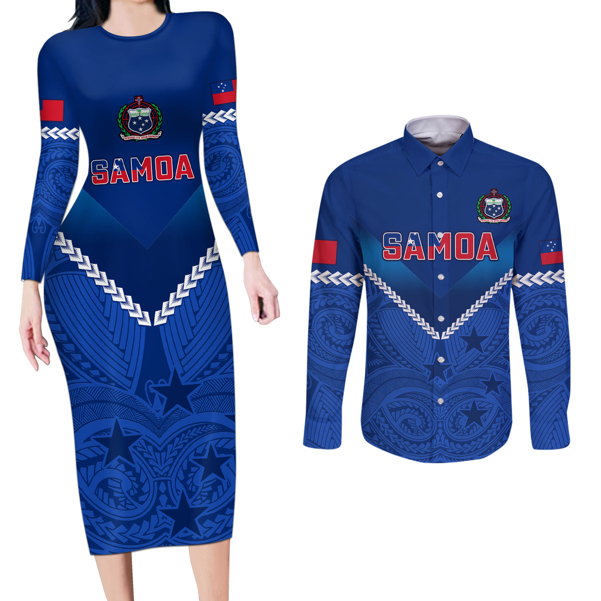 Custom Samoa Rugby Couples Matching Long Sleeve Bodycon Dress and Long Sleeve Button Shirts 2023 Go Manu Samoa - Wonder Print Shop