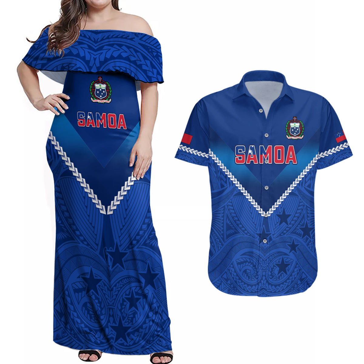 Custom Samoa Rugby Couples Matching Off Shoulder Maxi Dress and Hawaiian Shirt 2023 Go Manu Samoa - Wonder Print Shop