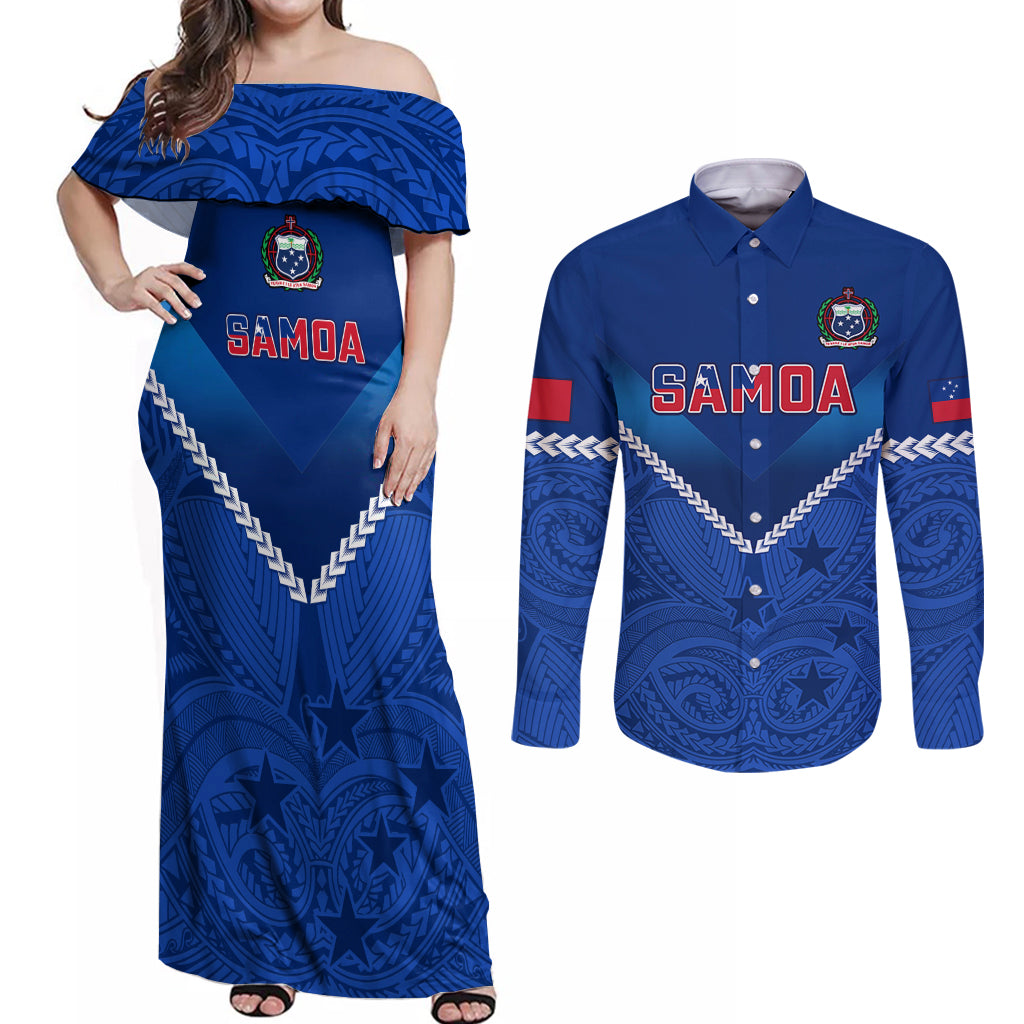 Custom Samoa Rugby Couples Matching Off Shoulder Maxi Dress and Long Sleeve Button Shirts 2023 Go Manu Samoa - Wonder Print Shop