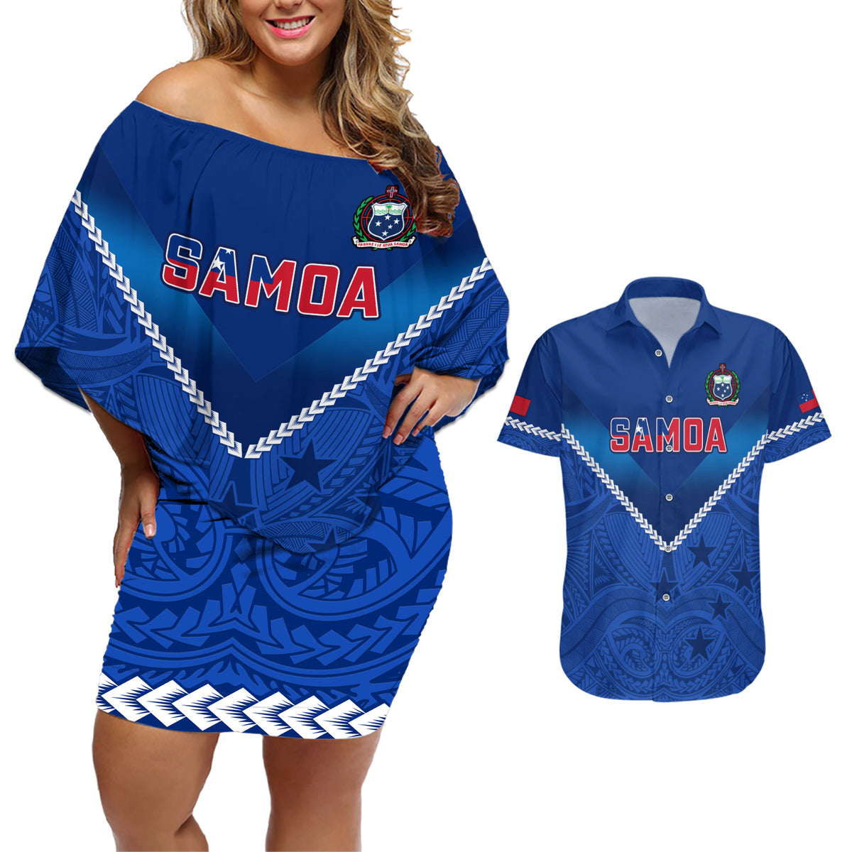 Custom Samoa Rugby Couples Matching Off Shoulder Short Dress and Hawaiian Shirt 2023 Go Manu Samoa - Wonder Print Shop