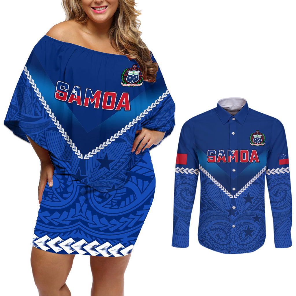 Custom Samoa Rugby Couples Matching Off Shoulder Short Dress and Long Sleeve Button Shirts 2023 Go Manu Samoa - Wonder Print Shop