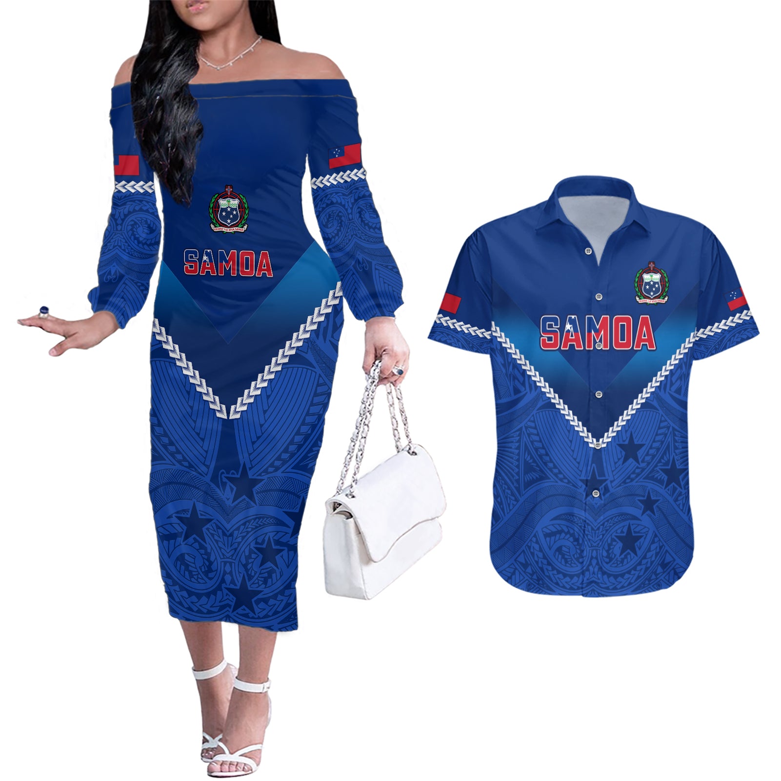 Custom Samoa Rugby Couples Matching Off The Shoulder Long Sleeve Dress and Hawaiian Shirt 2023 Go Manu Samoa - Wonder Print Shop