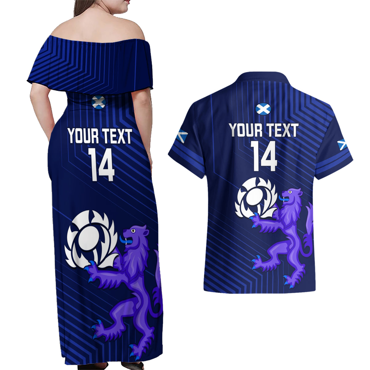 Custom Scotland Rugby Couples Matching Off Shoulder Maxi Dress and Hawaiian Shirt 2023 Go Scottish - Wonder Print Shop