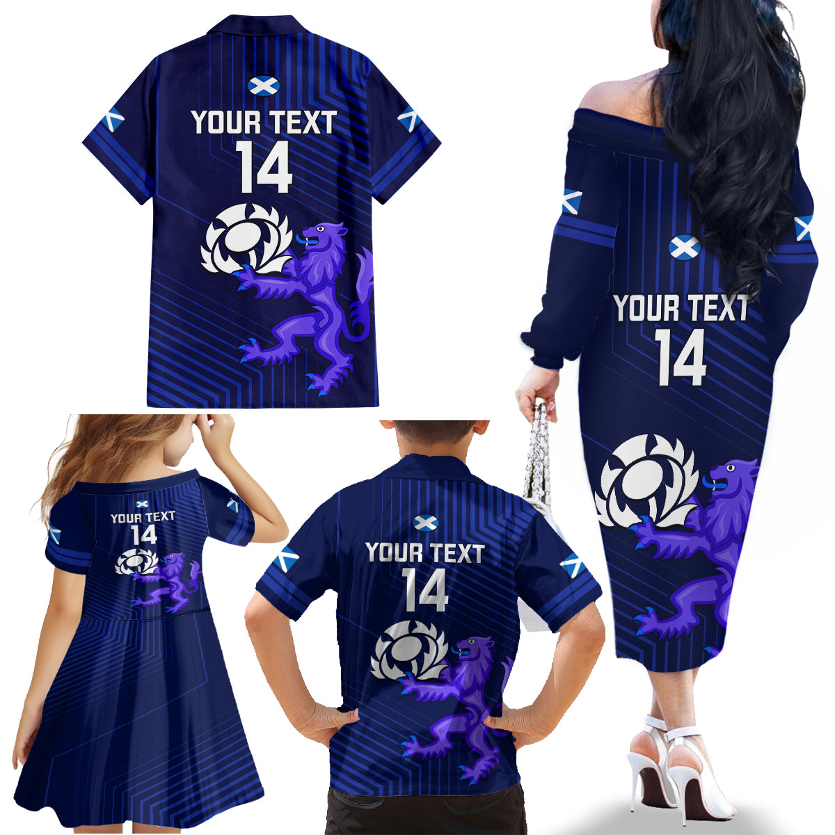 Custom Scotland Rugby Family Matching Off Shoulder Long Sleeve Dress and Hawaiian Shirt 2023 Go Scottish - Wonder Print Shop