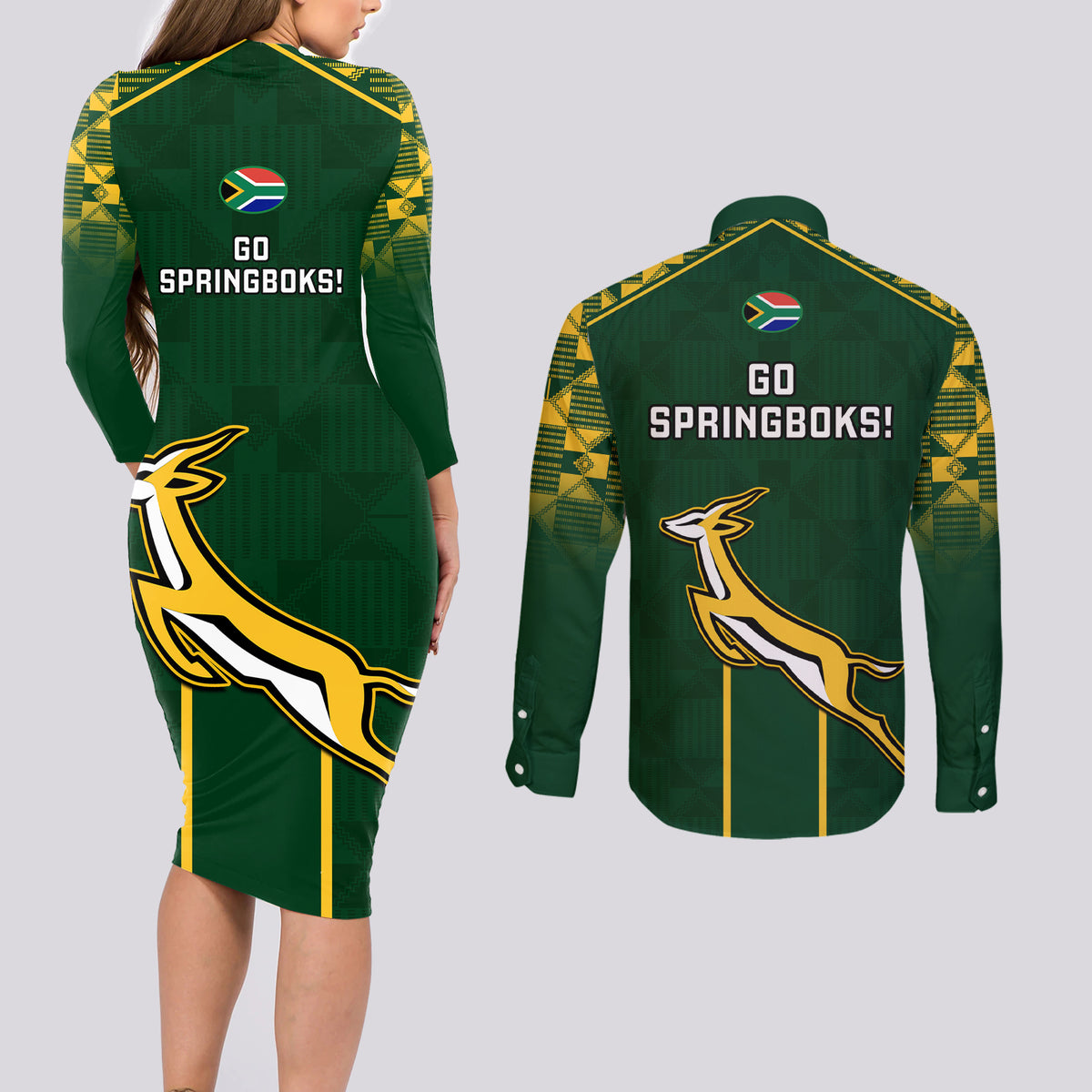 South Africa Rugby Couples Matching Long Sleeve Bodycon Dress and Long Sleeve Button Shirts 2023 Go Champions World Cup Springboks - Wonder Print Shop