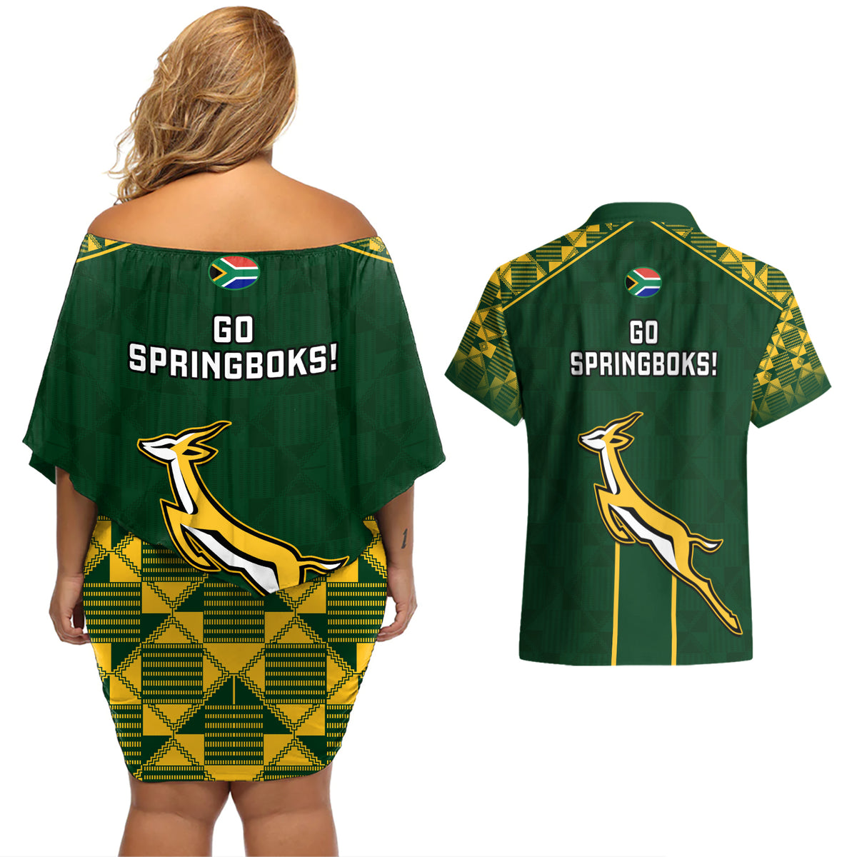 South Africa Rugby Couples Matching Off Shoulder Short Dress and Hawaiian Shirt 2023 Go Champions World Cup Springboks - Wonder Print Shop