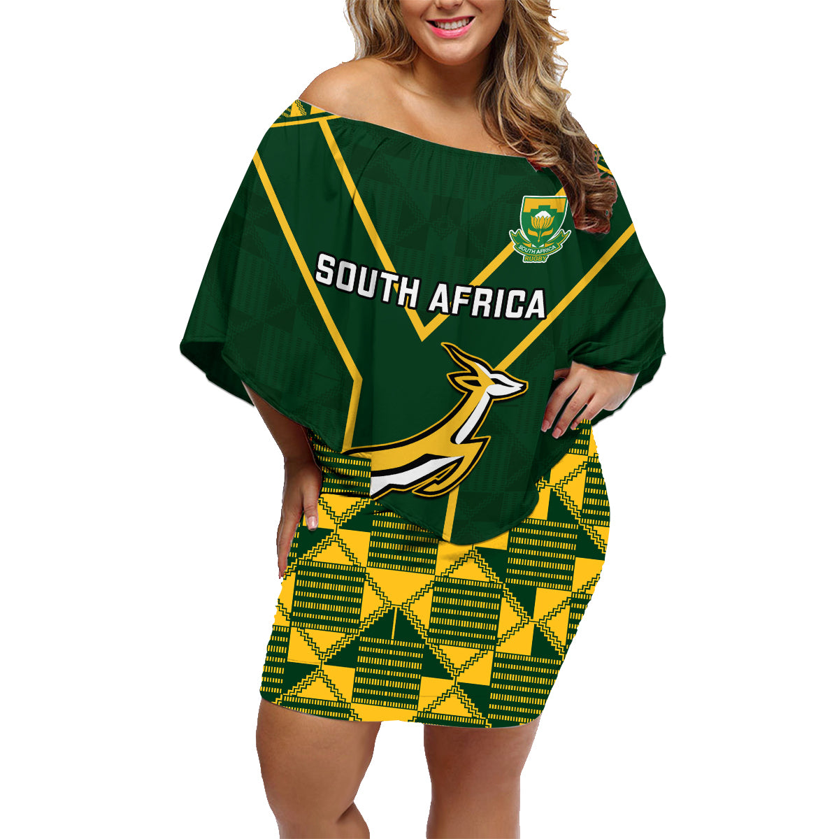 South Africa Rugby Family Matching Off Shoulder Short Dress and Hawaiian Shirt 2023 Go Champions World Cup Springboks - Wonder Print Shop