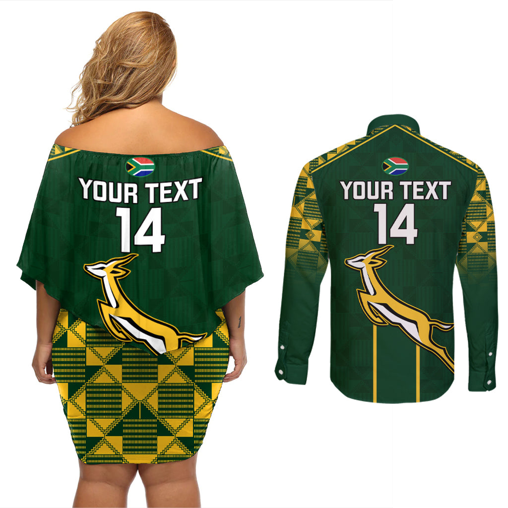 Custom South Africa Rugby Couples Matching Off Shoulder Short Dress and Long Sleeve Button Shirts 2023 Go Champions World Cup Springboks - Wonder Print Shop