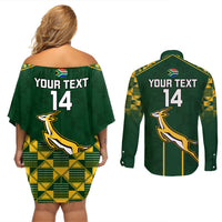 Custom South Africa Rugby Couples Matching Off Shoulder Short Dress and Long Sleeve Button Shirts 2023 Go Champions World Cup Springboks - Wonder Print Shop