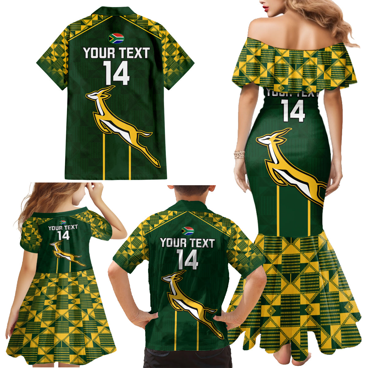 Custom South Africa Rugby Family Matching Mermaid Dress and Hawaiian Shirt 2023 Go Champions World Cup Springboks - Wonder Print Shop