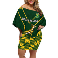 Custom South Africa Rugby Family Matching Off Shoulder Short Dress and Hawaiian Shirt 2023 Go Champions World Cup Springboks - Wonder Print Shop