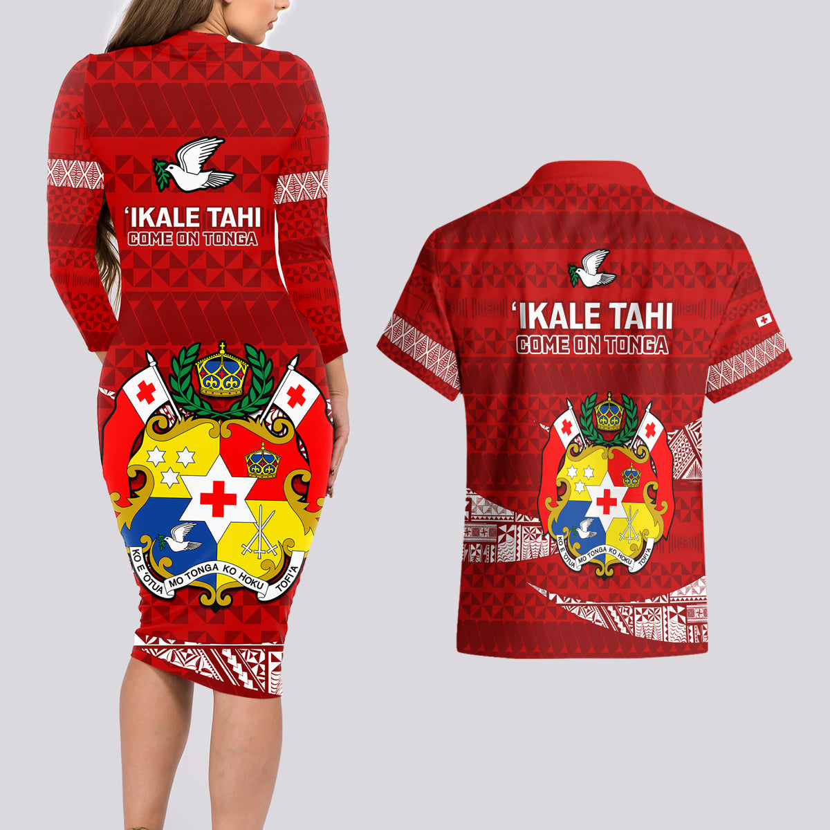 Tonga Rugby Couples Matching Long Sleeve Bodycon Dress and Hawaiian Shirt 2023 Ikale Tahi Tongan Ngatu Pattern - Wonder Print Shop