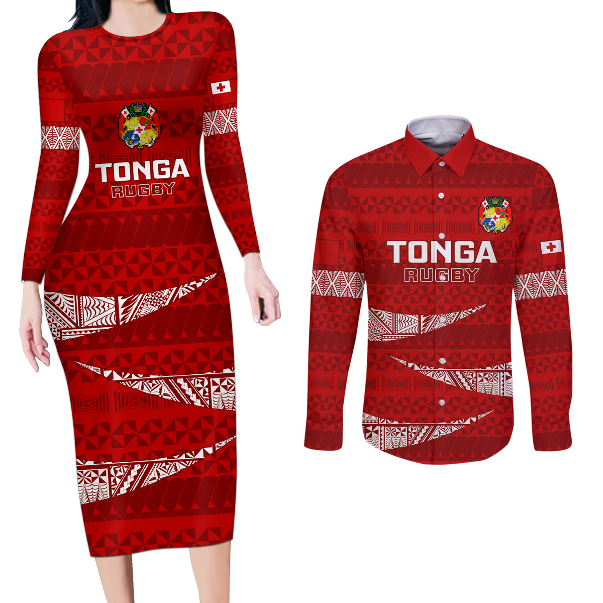 Tonga Rugby Couples Matching Long Sleeve Bodycon Dress and Long Sleeve Button Shirts 2023 Ikale Tahi Tongan Ngatu Pattern - Wonder Print Shop