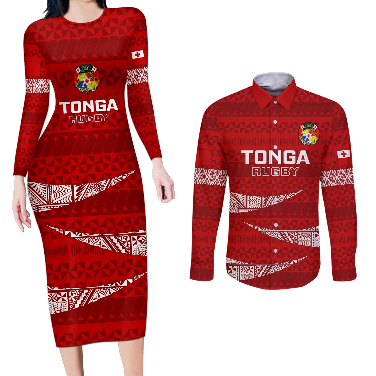 Tonga Rugby Couples Matching Long Sleeve Bodycon Dress and Long Sleeve Button Shirts 2023 Ikale Tahi Tongan Ngatu Pattern - Wonder Print Shop