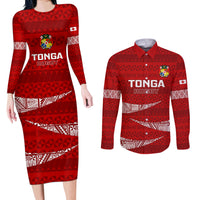 Tonga Rugby Couples Matching Long Sleeve Bodycon Dress and Long Sleeve Button Shirts 2023 Ikale Tahi Tongan Ngatu Pattern - Wonder Print Shop