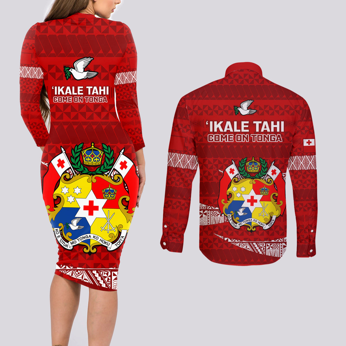 Tonga Rugby Couples Matching Long Sleeve Bodycon Dress and Long Sleeve Button Shirts 2023 Ikale Tahi Tongan Ngatu Pattern - Wonder Print Shop