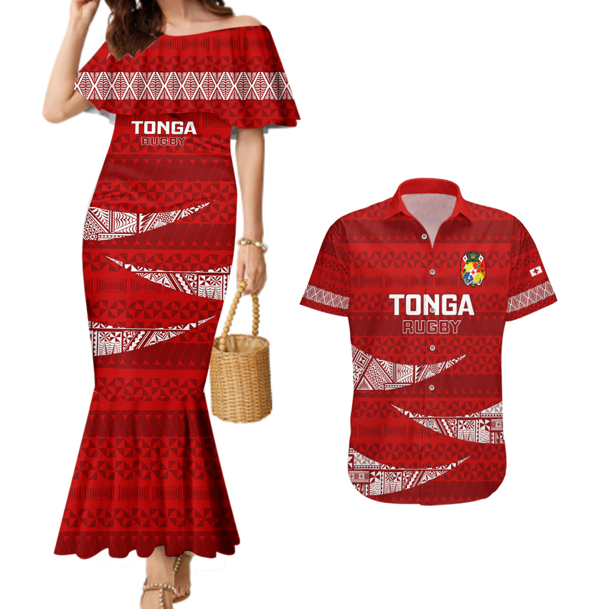 Tonga Rugby Couples Matching Mermaid Dress and Hawaiian Shirt 2023 Ikale Tahi Tongan Ngatu Pattern - Wonder Print Shop