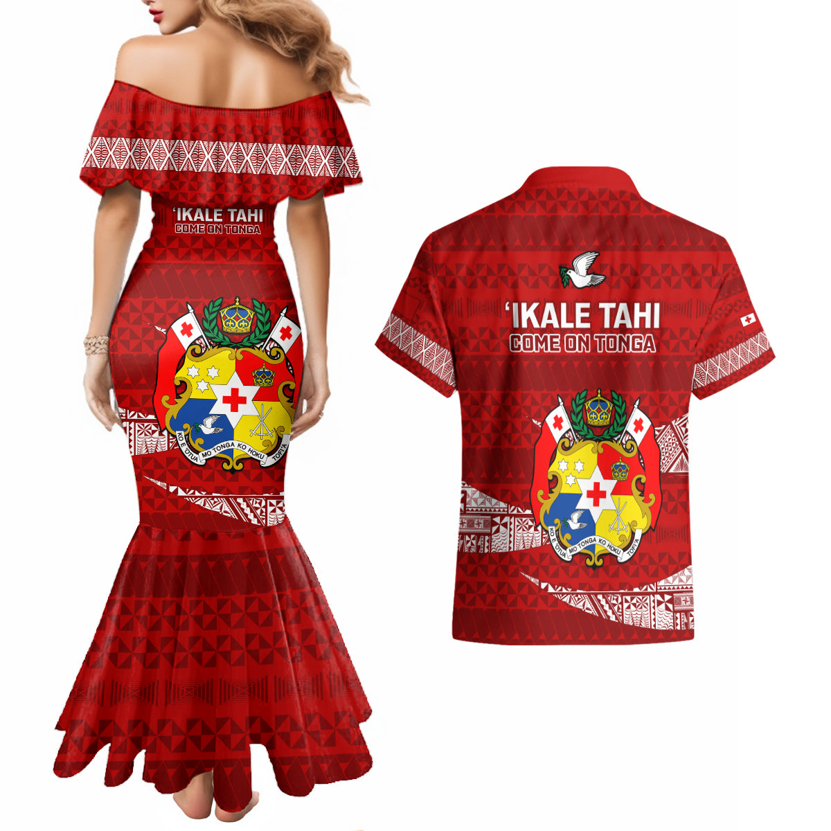 Tonga Rugby Couples Matching Mermaid Dress and Hawaiian Shirt 2023 Ikale Tahi Tongan Ngatu Pattern - Wonder Print Shop