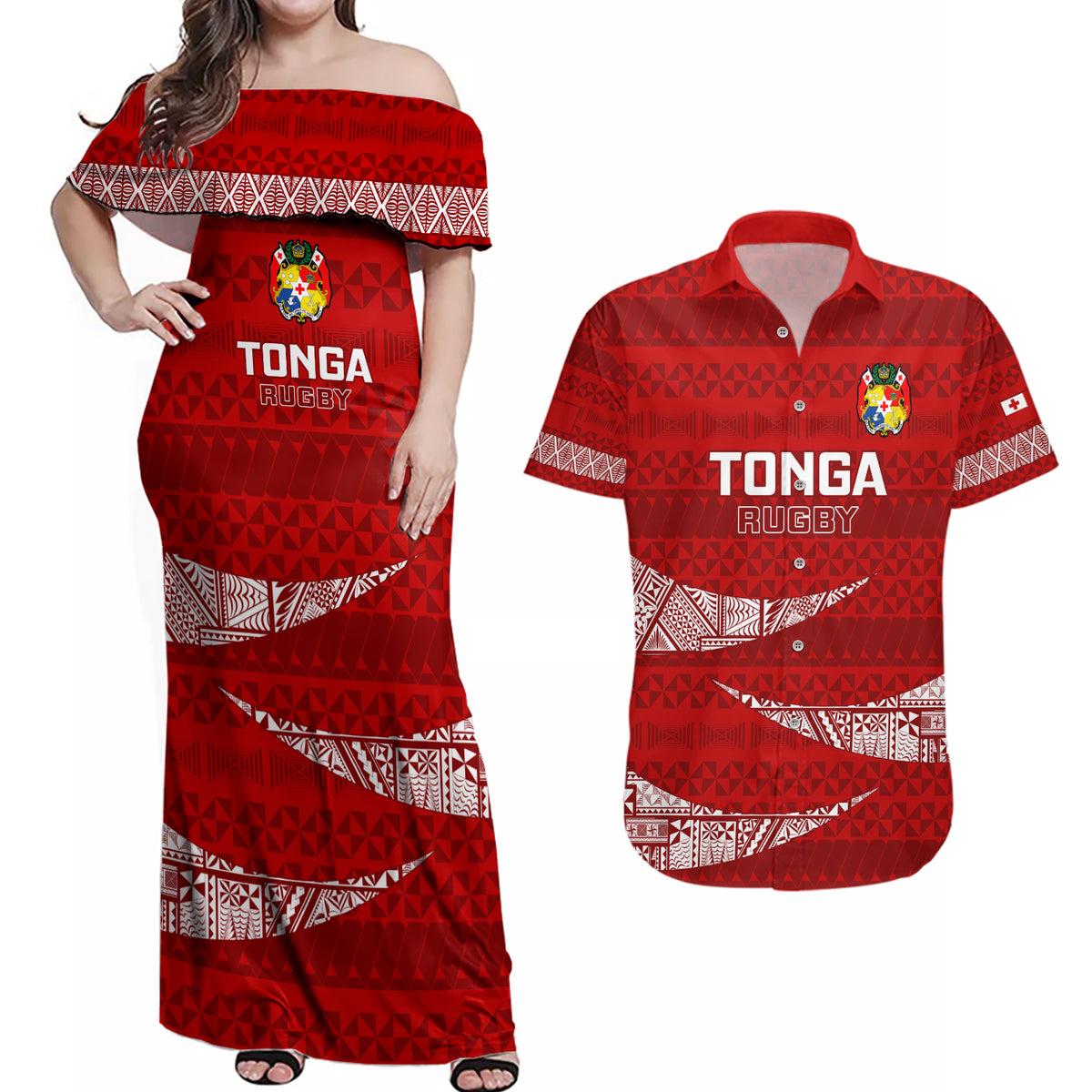 Tonga Rugby Couples Matching Off Shoulder Maxi Dress and Hawaiian Shirt 2023 Ikale Tahi Tongan Ngatu Pattern - Wonder Print Shop