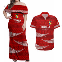 Tonga Rugby Couples Matching Off Shoulder Maxi Dress and Hawaiian Shirt 2023 Ikale Tahi Tongan Ngatu Pattern - Wonder Print Shop