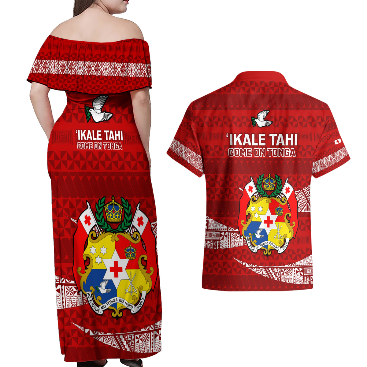 Tonga Rugby Couples Matching Off Shoulder Maxi Dress and Hawaiian Shirt 2023 Ikale Tahi Tongan Ngatu Pattern - Wonder Print Shop