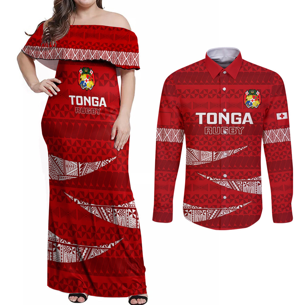 Tonga Rugby Couples Matching Off Shoulder Maxi Dress and Long Sleeve Button Shirts 2023 Ikale Tahi Tongan Ngatu Pattern - Wonder Print Shop