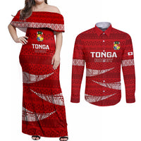 Tonga Rugby Couples Matching Off Shoulder Maxi Dress and Long Sleeve Button Shirts 2023 Ikale Tahi Tongan Ngatu Pattern - Wonder Print Shop