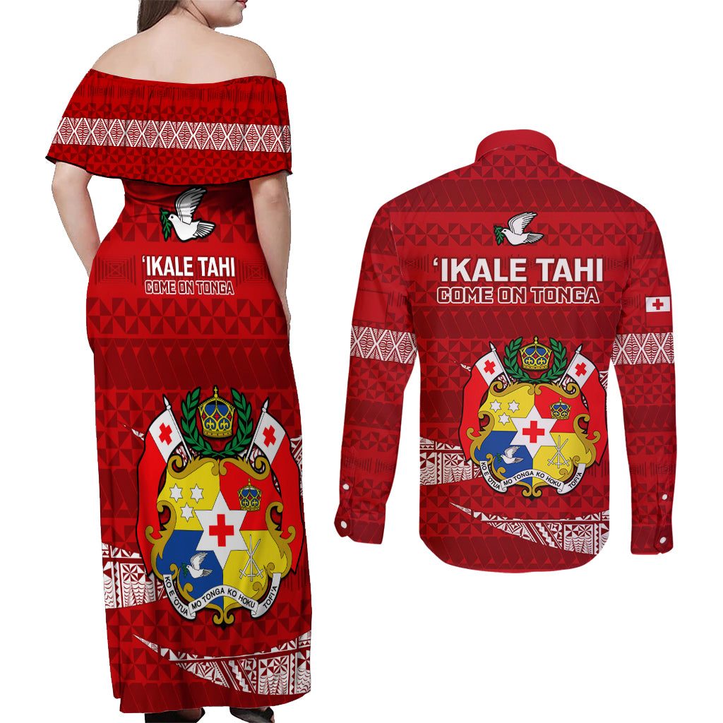 Tonga Rugby Couples Matching Off Shoulder Maxi Dress and Long Sleeve Button Shirts 2023 Ikale Tahi Tongan Ngatu Pattern - Wonder Print Shop