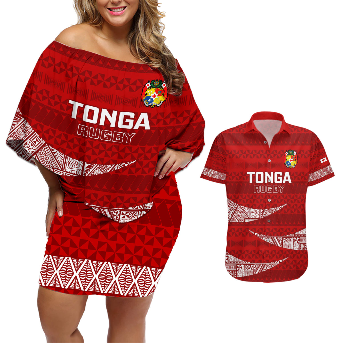 Tonga Rugby Couples Matching Off Shoulder Short Dress and Hawaiian Shirt 2023 Ikale Tahi Tongan Ngatu Pattern - Wonder Print Shop