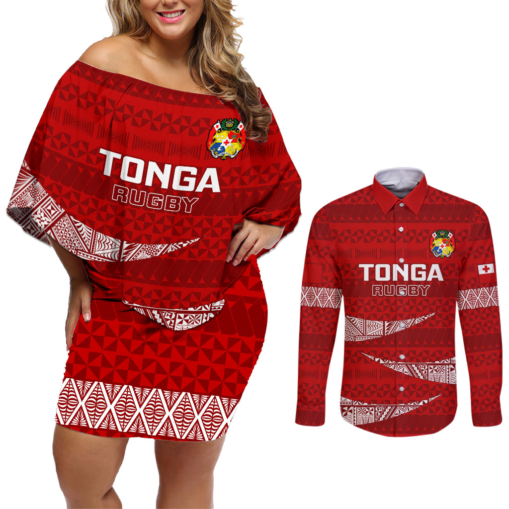Tonga Rugby Couples Matching Off Shoulder Short Dress and Long Sleeve Button Shirts 2023 Ikale Tahi Tongan Ngatu Pattern - Wonder Print Shop