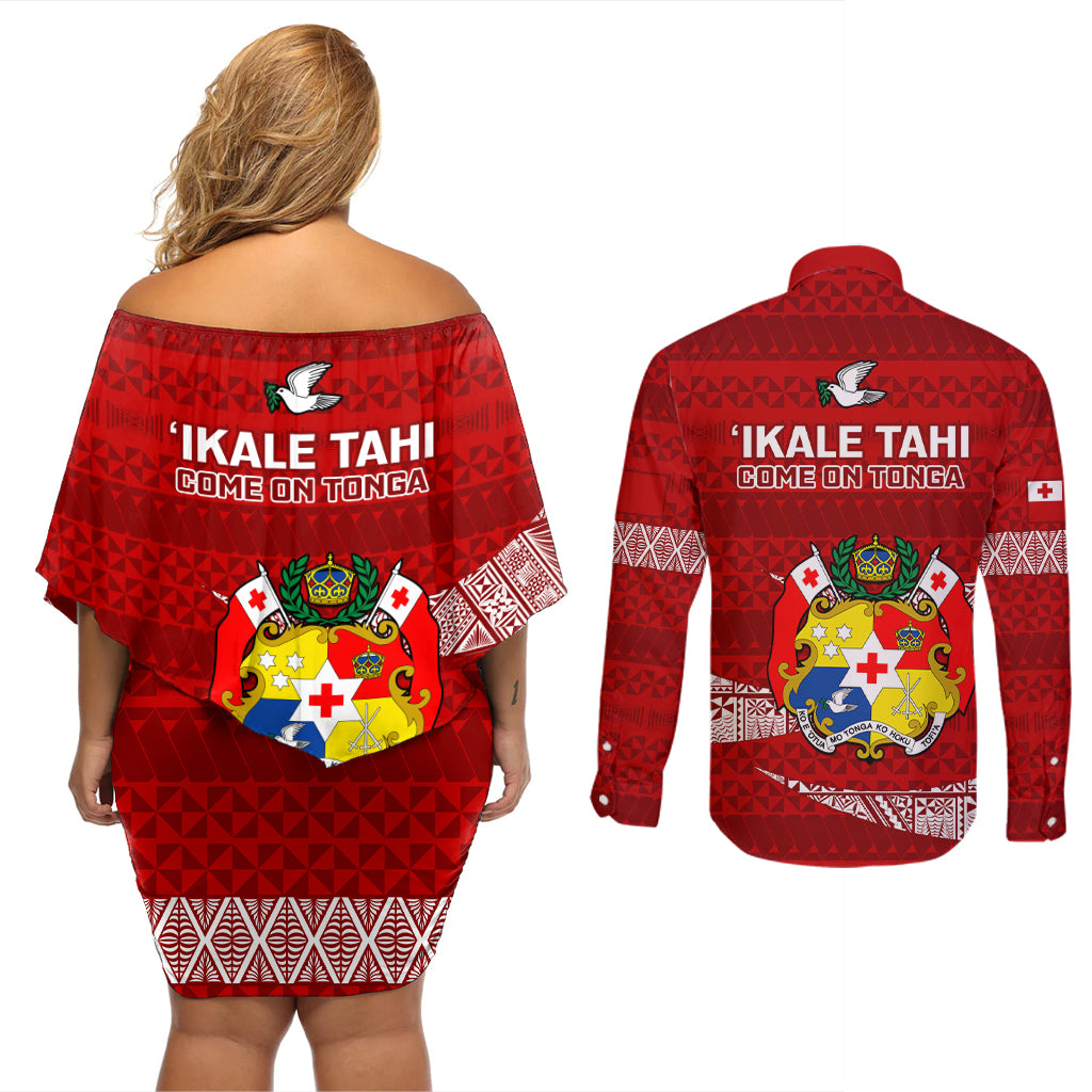 Tonga Rugby Couples Matching Off Shoulder Short Dress and Long Sleeve Button Shirts 2023 Ikale Tahi Tongan Ngatu Pattern - Wonder Print Shop