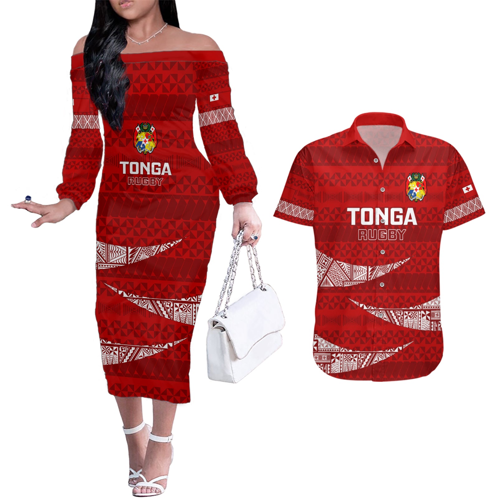 Tonga Rugby Couples Matching Off The Shoulder Long Sleeve Dress and Hawaiian Shirt 2023 Ikale Tahi Tongan Ngatu Pattern - Wonder Print Shop