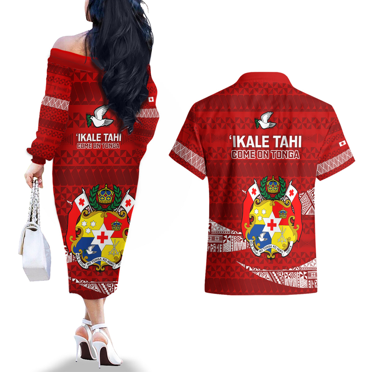 Tonga Rugby Couples Matching Off The Shoulder Long Sleeve Dress and Hawaiian Shirt 2023 Ikale Tahi Tongan Ngatu Pattern - Wonder Print Shop