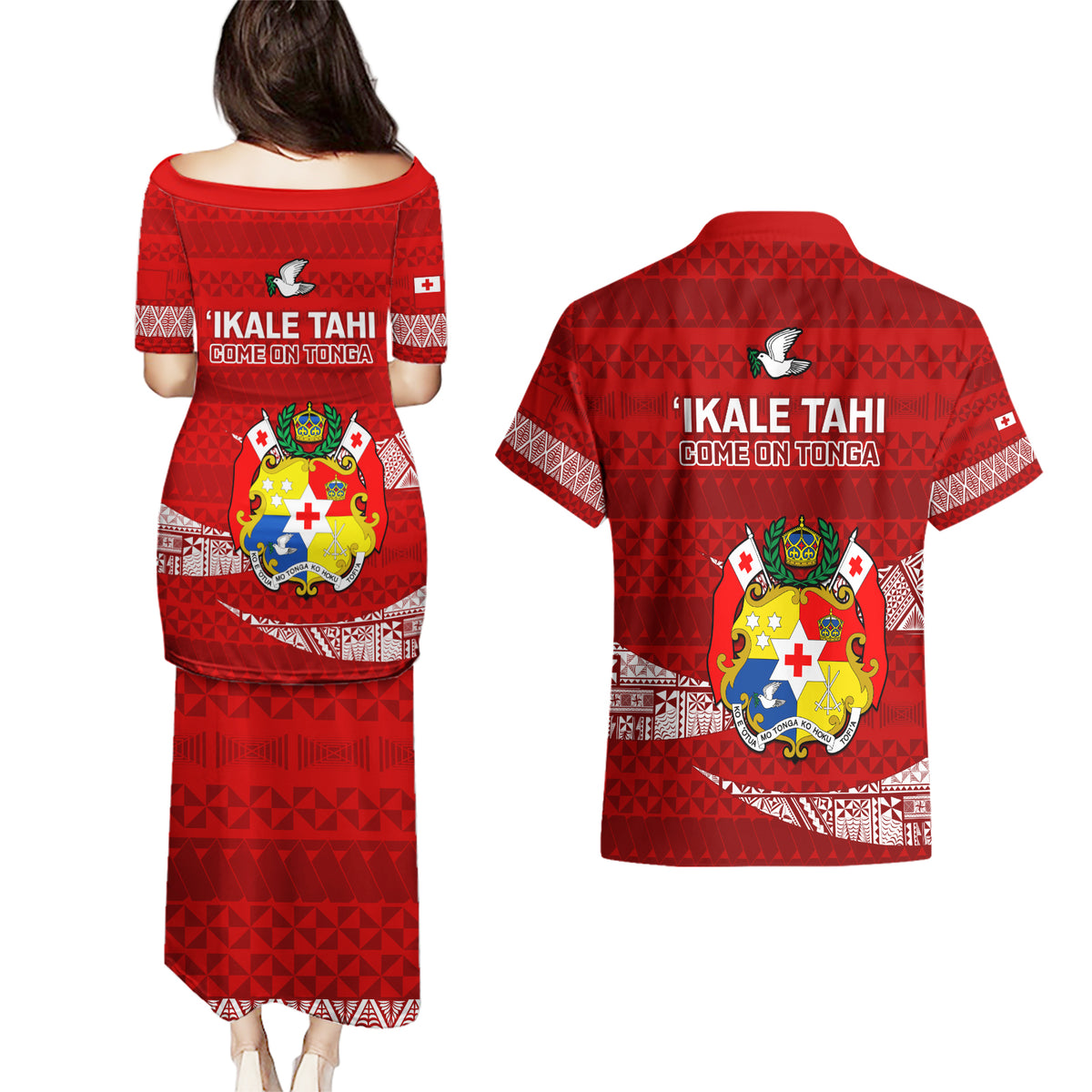 Tonga Rugby Couples Matching Puletasi Dress and Hawaiian Shirt 2023 Ikale Tahi Tongan Ngatu Pattern - Wonder Print Shop
