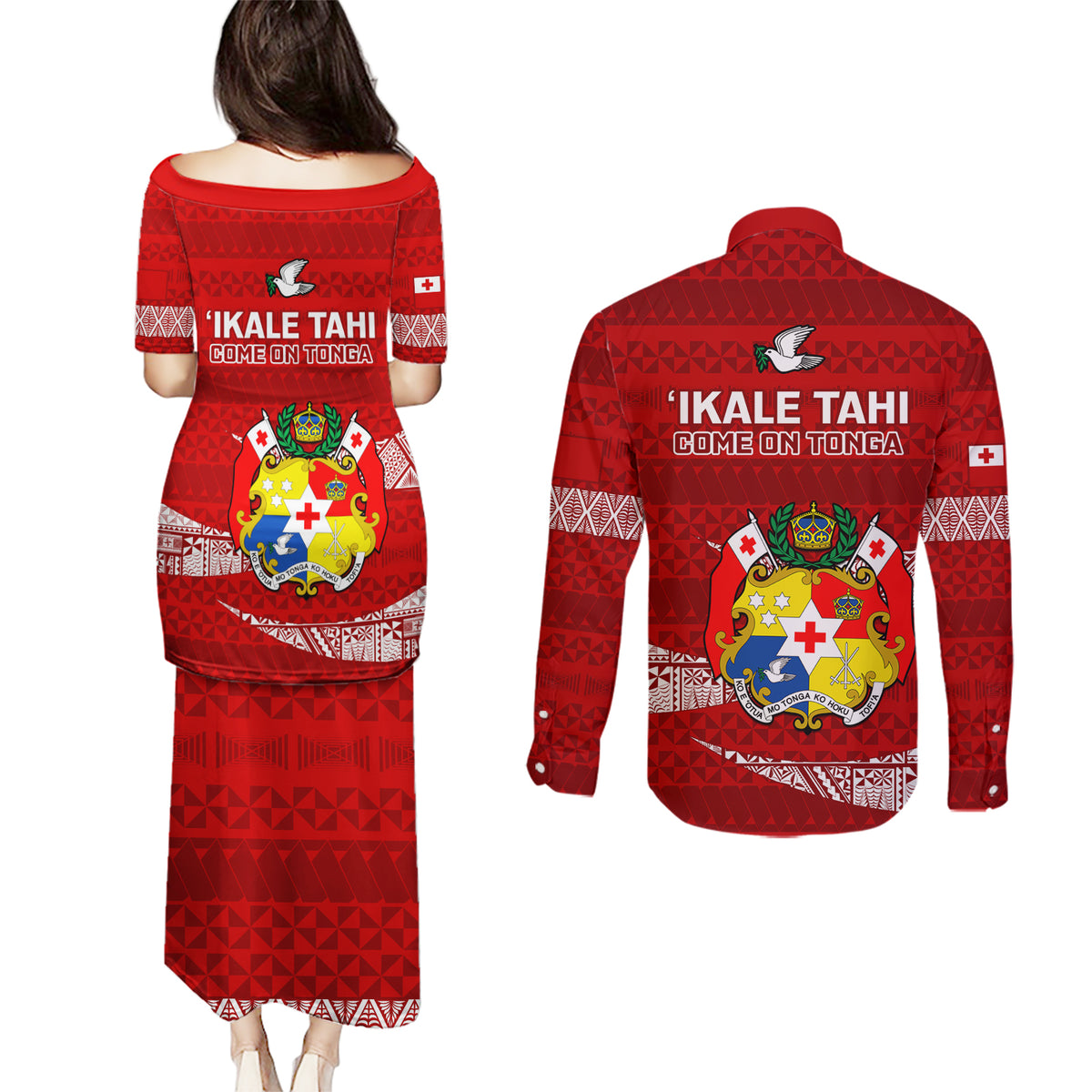 Tonga Rugby Couples Matching Puletasi Dress and Long Sleeve Button Shirts 2023 Ikale Tahi Tongan Ngatu Pattern - Wonder Print Shop