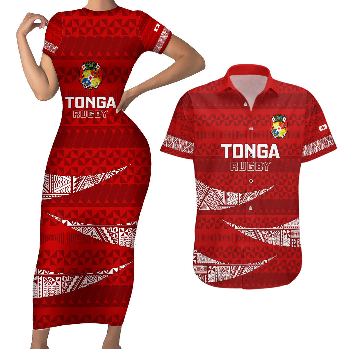 Tonga Rugby Couples Matching Short Sleeve Bodycon Dress and Hawaiian Shirt 2023 Ikale Tahi Tongan Ngatu Pattern - Wonder Print Shop