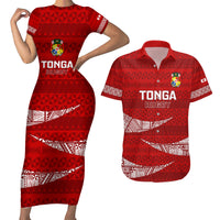 Tonga Rugby Couples Matching Short Sleeve Bodycon Dress and Hawaiian Shirt 2023 Ikale Tahi Tongan Ngatu Pattern - Wonder Print Shop