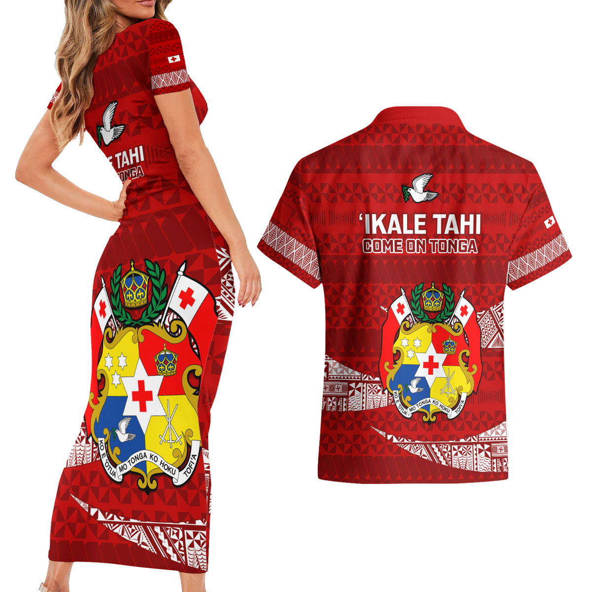 Tonga Rugby Couples Matching Short Sleeve Bodycon Dress and Hawaiian Shirt 2023 Ikale Tahi Tongan Ngatu Pattern - Wonder Print Shop