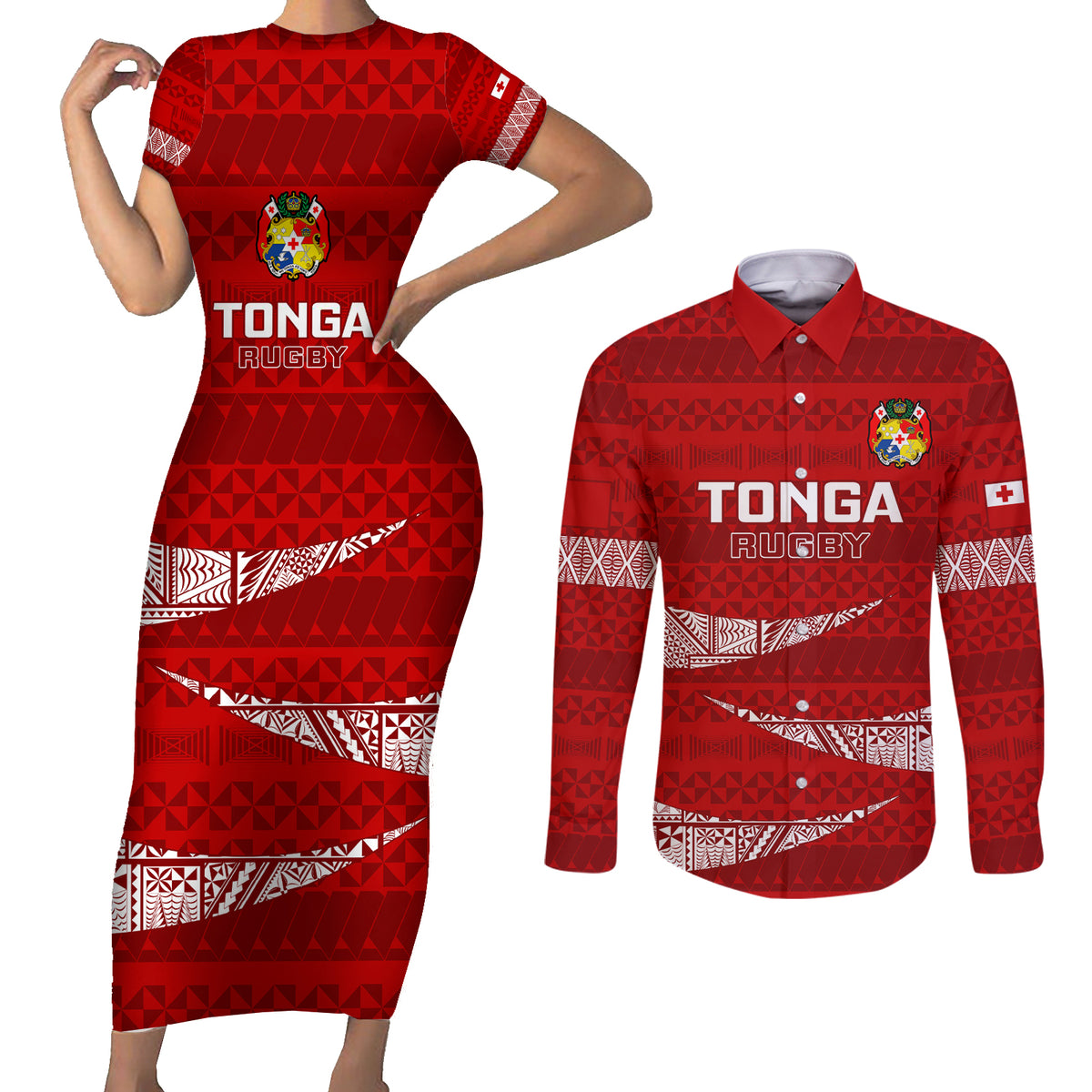 Tonga Rugby Couples Matching Short Sleeve Bodycon Dress and Long Sleeve Button Shirts 2023 Ikale Tahi Tongan Ngatu Pattern - Wonder Print Shop