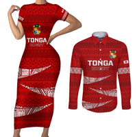 Tonga Rugby Couples Matching Short Sleeve Bodycon Dress and Long Sleeve Button Shirts 2023 Ikale Tahi Tongan Ngatu Pattern - Wonder Print Shop