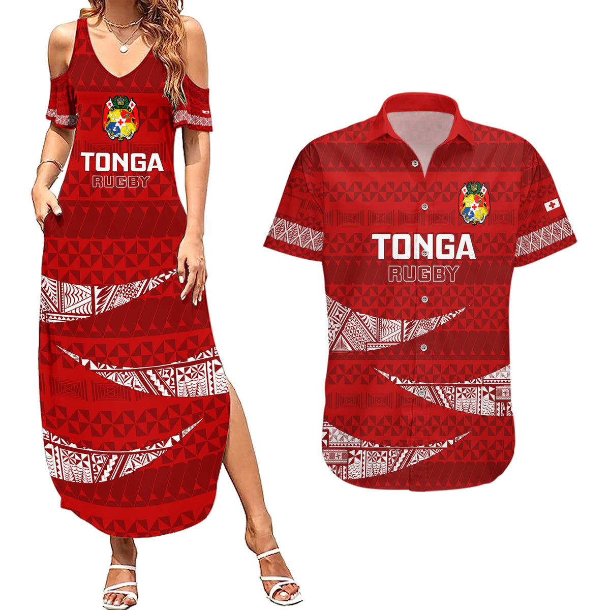 Tonga Rugby Couples Matching Summer Maxi Dress and Hawaiian Shirt 2023 Ikale Tahi Tongan Ngatu Pattern - Wonder Print Shop