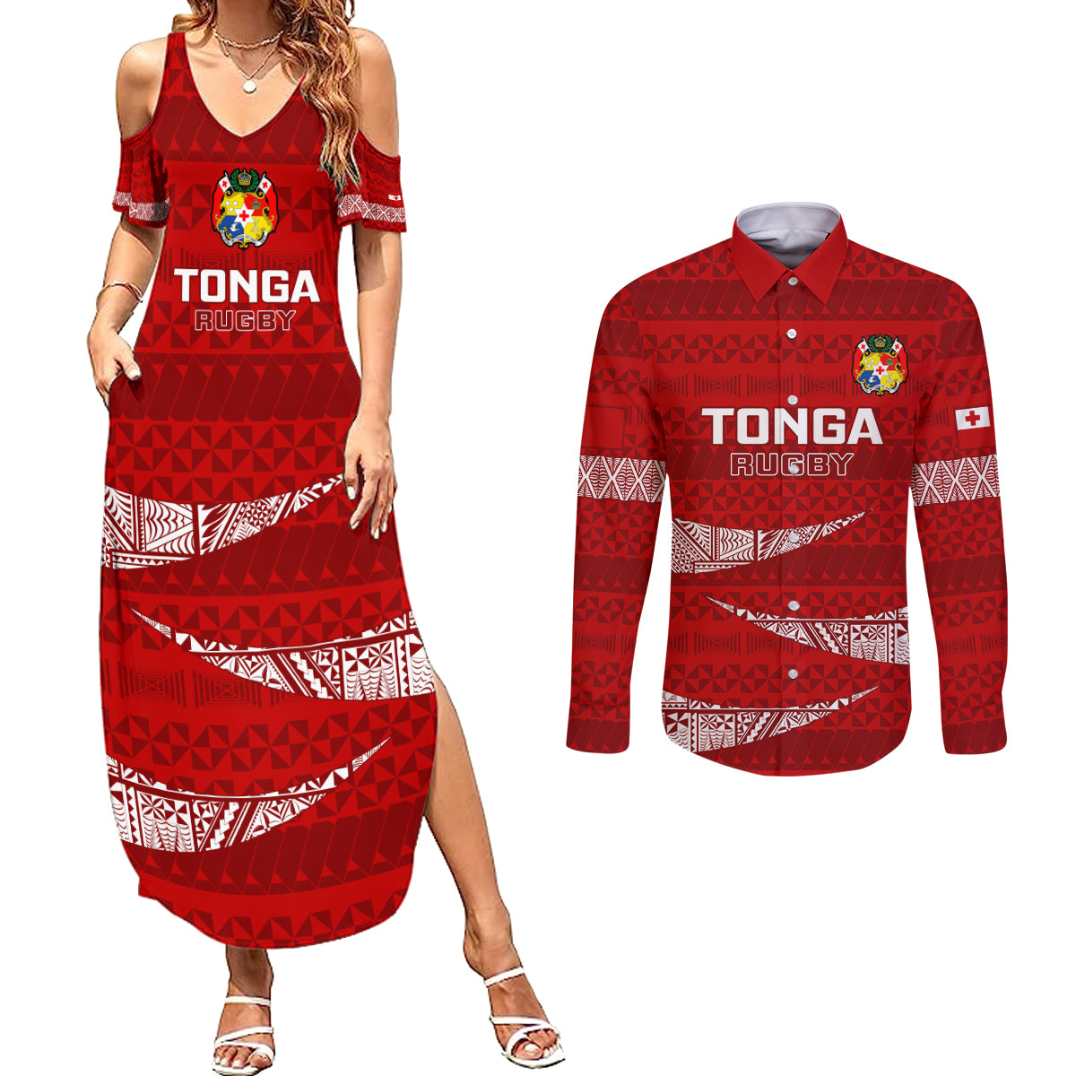 Tonga Rugby Couples Matching Summer Maxi Dress and Long Sleeve Button Shirts 2023 Ikale Tahi Tongan Ngatu Pattern - Wonder Print Shop