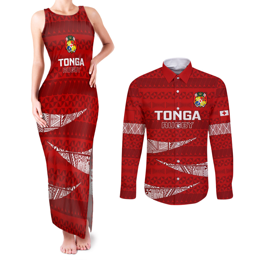 Tonga Rugby Couples Matching Tank Maxi Dress and Long Sleeve Button Shirts 2023 Ikale Tahi Tongan Ngatu Pattern - Wonder Print Shop