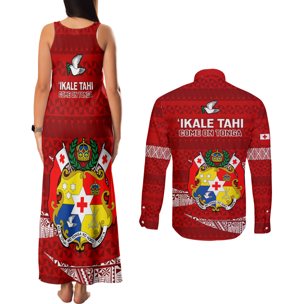 Tonga Rugby Couples Matching Tank Maxi Dress and Long Sleeve Button Shirts 2023 Ikale Tahi Tongan Ngatu Pattern - Wonder Print Shop