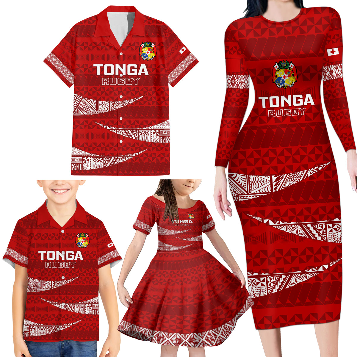 Tonga Rugby Family Matching Long Sleeve Bodycon Dress and Hawaiian Shirt 2023 Ikale Tahi Tongan Ngatu Pattern - Wonder Print Shop