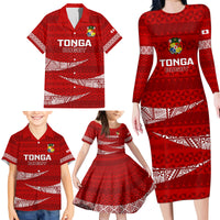 Tonga Rugby Family Matching Long Sleeve Bodycon Dress and Hawaiian Shirt 2023 Ikale Tahi Tongan Ngatu Pattern - Wonder Print Shop